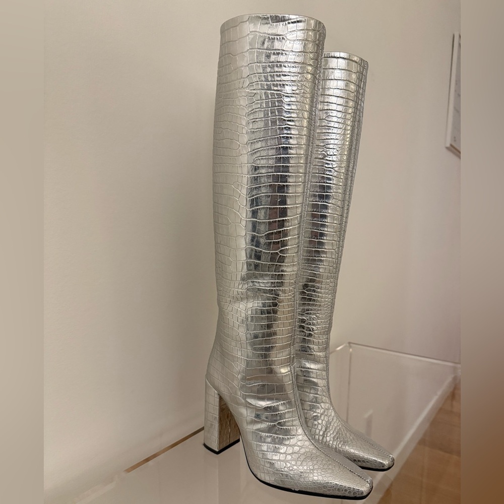 Paris Texas Silver Croc-Embossed Knee Boots - Picture 2 of 6